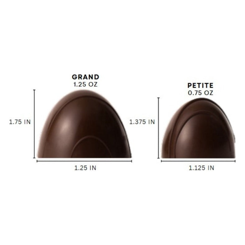 Ticket Chocolate truffle size guide showing the Grand truffle (1.25 oz) beside the Petite truffle (0.75 oz), with dimensions in inches