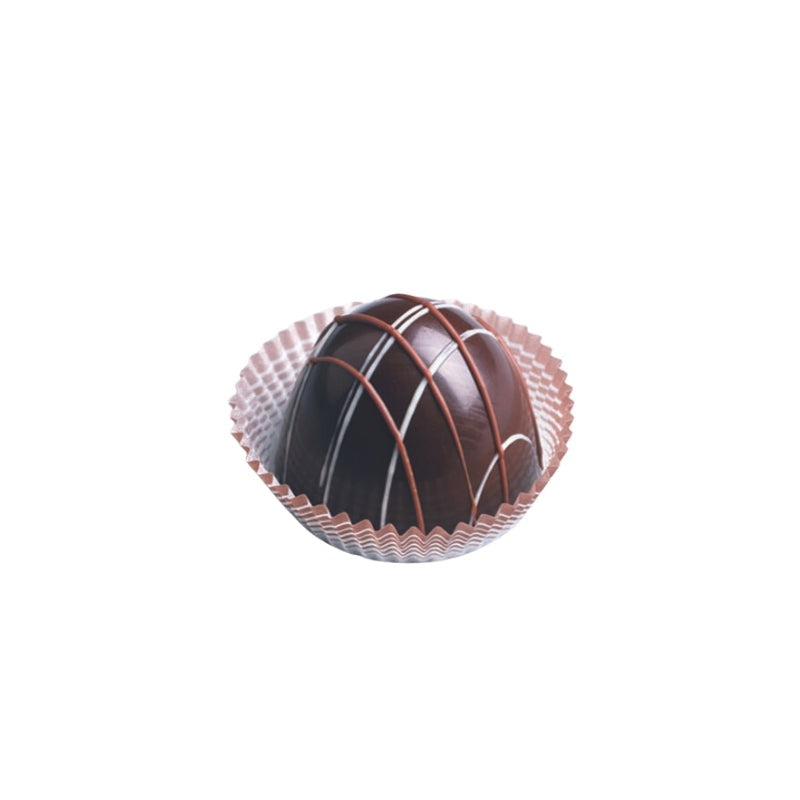Ticket Chocolate Petite Amaretto truffle: dark chocolate dome with brown and white stripes in a paper candy cup