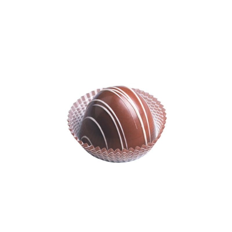 Ticket Chocolate Petite French Vanilla truffle: milk chocolate dome with thin white stripes in a paper candy cup