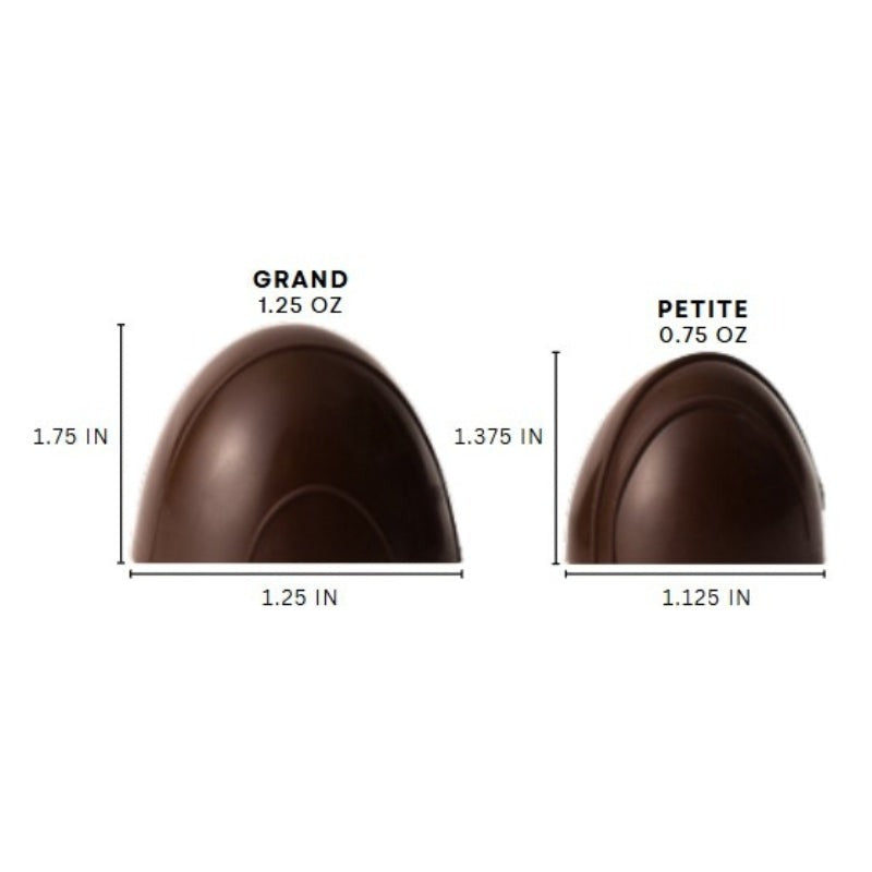 Ticket Chocolate truffle size chart: Petite 0.75 oz, 1.375 in tall by 1.125 in wide, beside the 1.25 oz Grand size