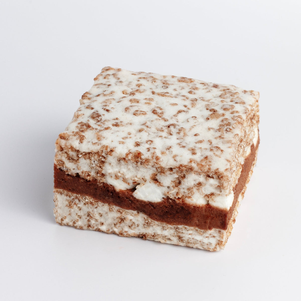 The Crispery Cocoa Concoction Crispycake: cocoa cereal marshmallow crispy rice square with a chocolate filling layer and marshmallow pieces through the middle