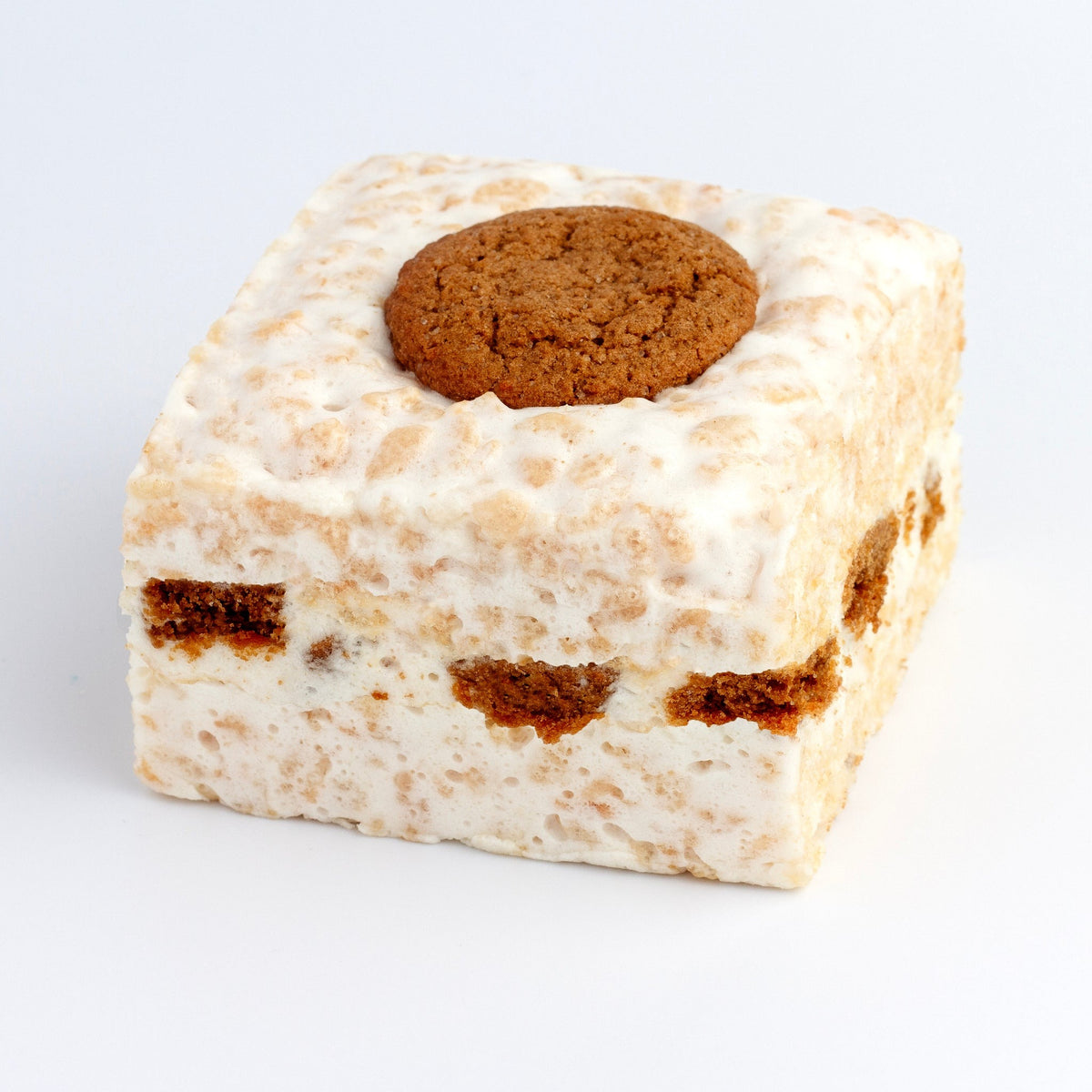 The Crispery Ginger Snaps Crispycake: marshmallow crispy rice square with a whole gingersnap cookie on top and gingersnap pieces through the sides