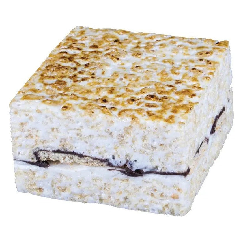 S'mores Crispycake side view showing the golden toasted top and the chocolate and graham layer