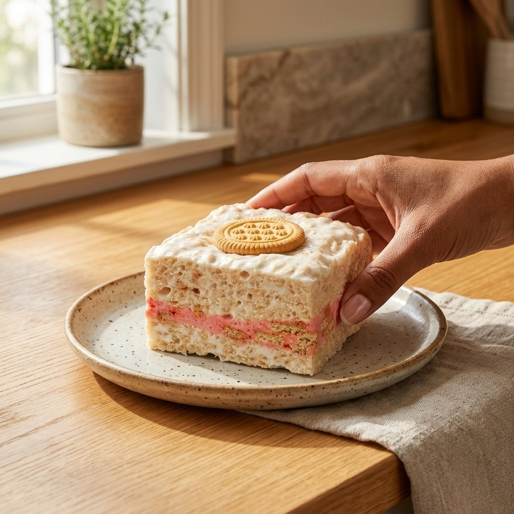 Hand lifting a Strawberry Cookies & Cream Crispycake from a speckled ceramic plate on a wooden counter