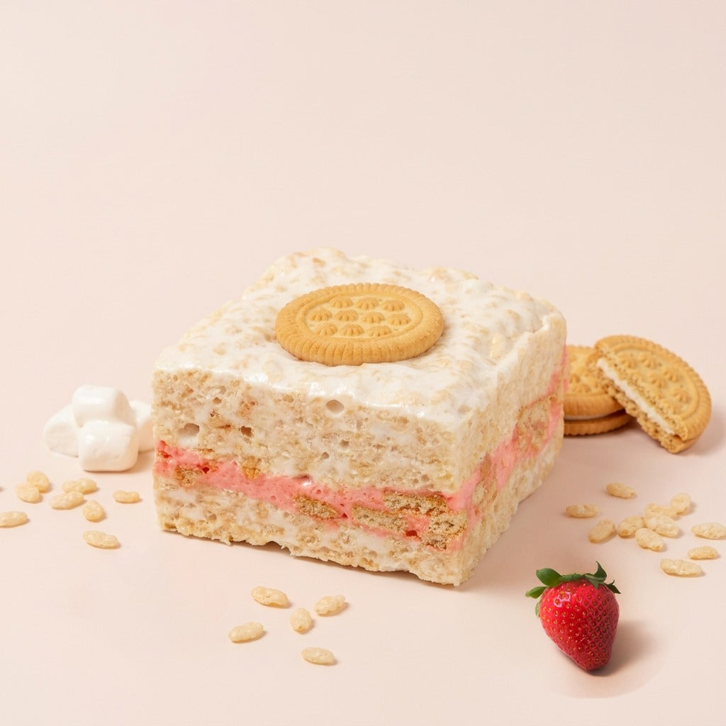 Strawberry Cookies & Cream Crispycake beside a fresh strawberry, marshmallows, crispy rice and sandwich cookies on a pink background