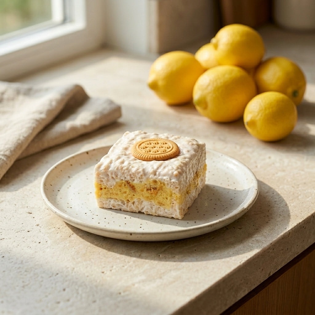 Lemon Cookies & Cream Crispycake on a speckled plate on a stone counter with whole lemons behind it