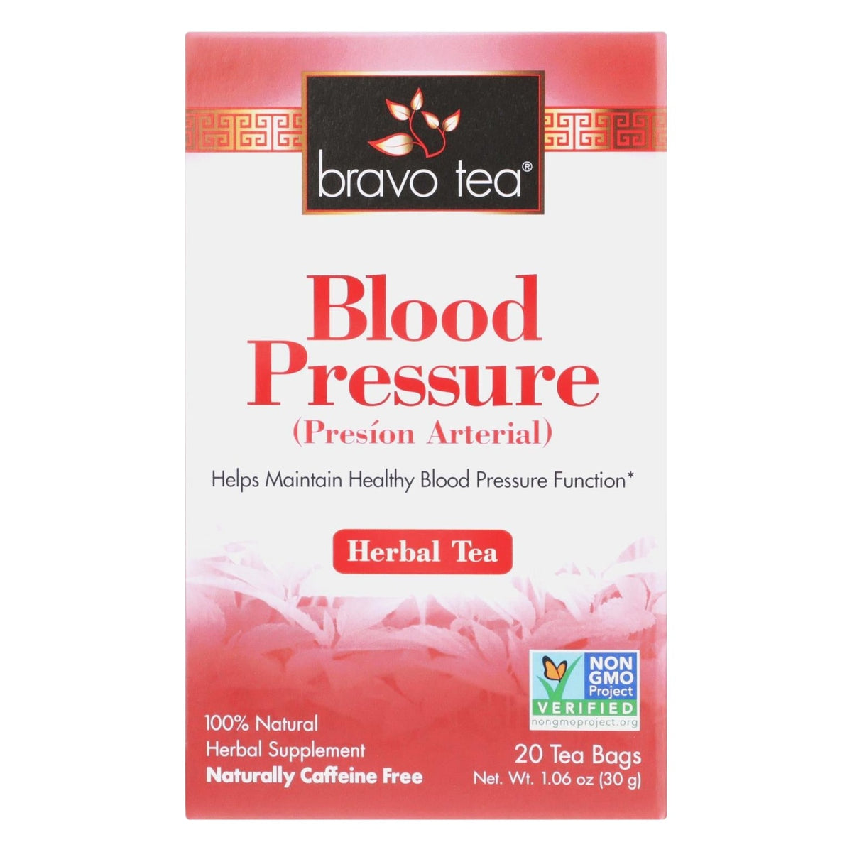 Front of the Bravo Blood Pressure Herbal Tea box in the current red and white design, 20 tea bags, Net Wt 1.06 oz