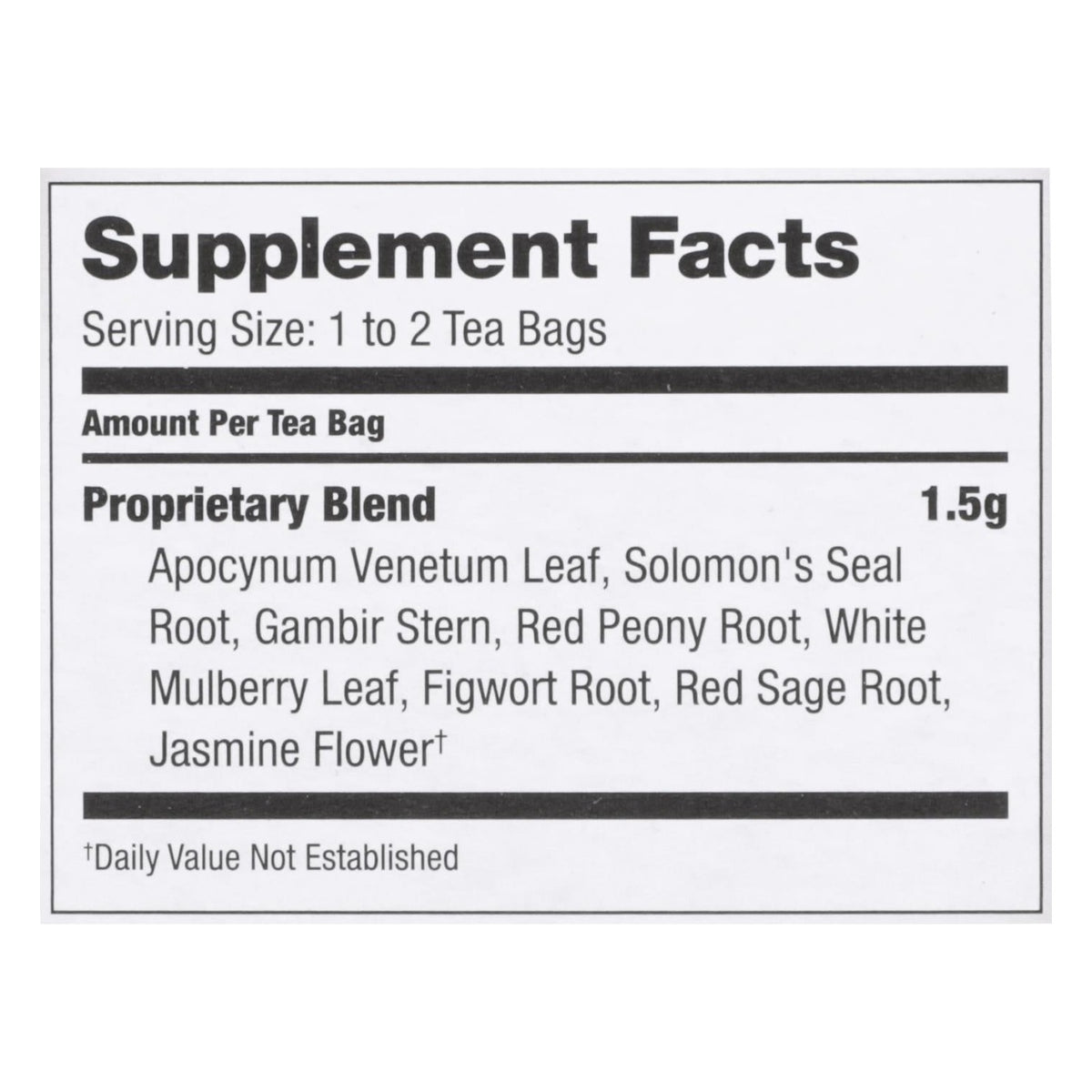 Supplement Facts panel for Bravo Blood Pressure tea: 1.5 g proprietary blend per tea bag of apocynum venetum leaf, Solomon's seal root and other herbs