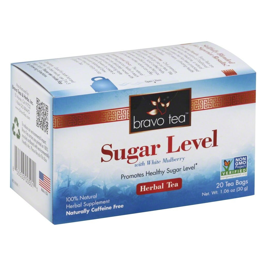 Bravo Sugar Level Herbal Tea box lying on its side, showing the front, top and side panels