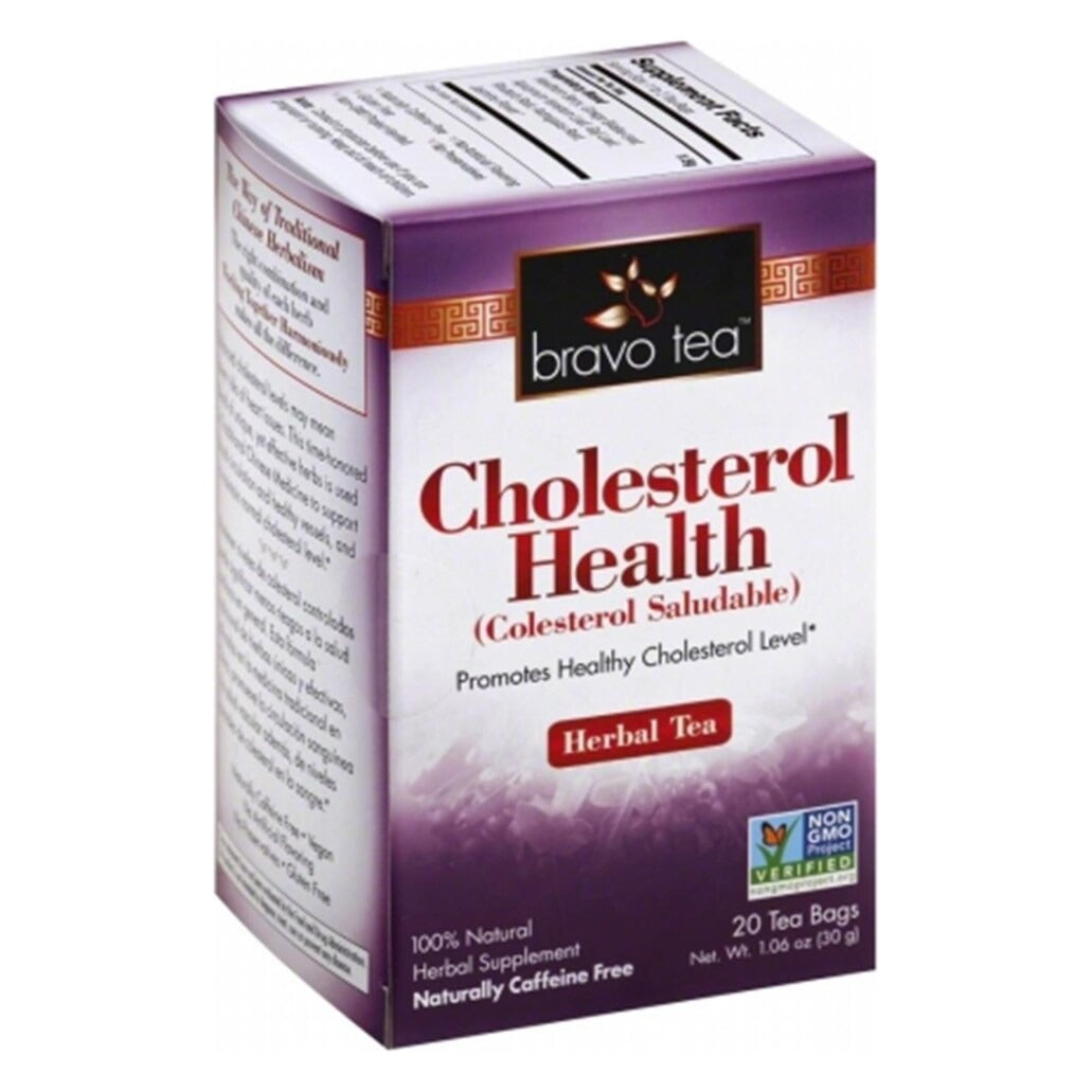 Bravo Cholesterol Health Herbal Tea box shown at an angle with the side panel and the Supplement Facts on the top flap
