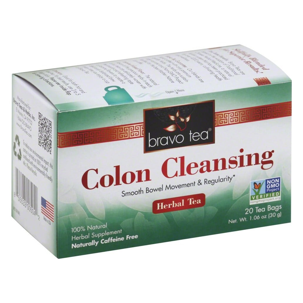 Bravo Colon Cleansing Herbal Tea box lying on its side, showing the front, top and end panels