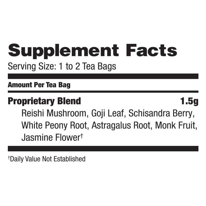 Supplement Facts panel for Bravo Reishi Liver Health tea: 1.5 g per tea bag of reishi mushroom, goji leaf, schisandra berry, white peony root, astragalus root, monk fruit and jasmine flower