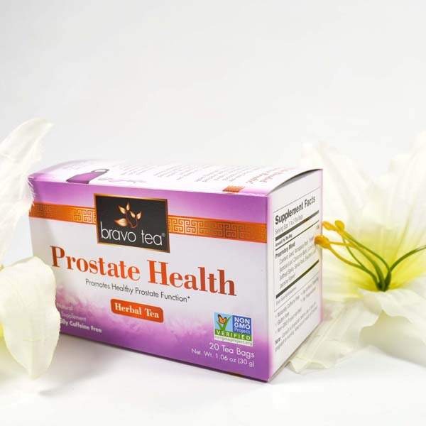 Bravo Tea Prostate Health box at an angle showing the front and the Supplement Facts side panel