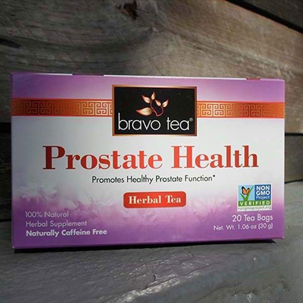 Bravo Tea Prostate Health box lying on its side on weathered wood