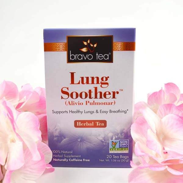 Bravo Tea Lung Soother box standing between pink hydrangea blooms