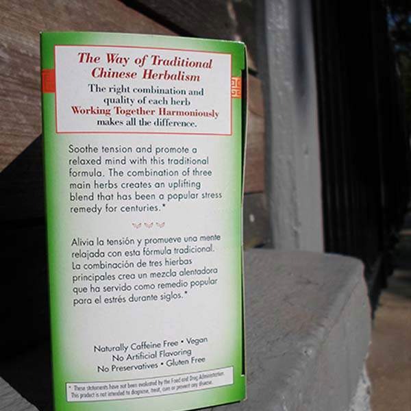 Side panel of the Triple Stress Relief box with English and Spanish text under The Way of Traditional Chinese Herbalism