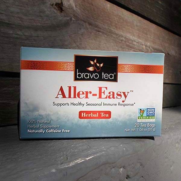 Bravo Tea Aller-Easy box lying on its side on weathered wood