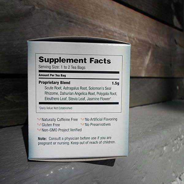 Supplement Facts panel on a Bravo Tea Aller-Easy box: 1.5 g proprietary blend per tea bag including stevia leaf, with gluten free and Non-GMO Project Verified notes