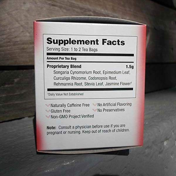 Supplement Facts panel on a Bravo Tea Male Vitality box: 1.5 g proprietary blend per tea bag including stevia leaf