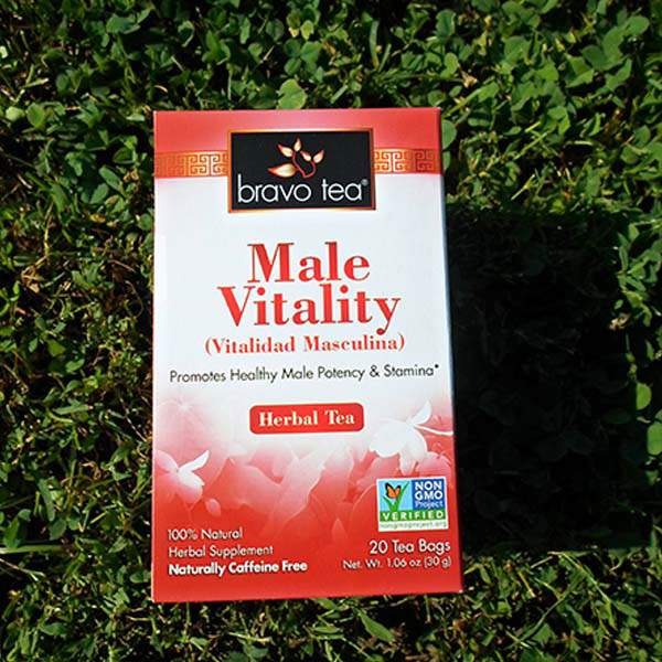 Bravo Tea Male Vitality herbal tea box standing upright on green clover