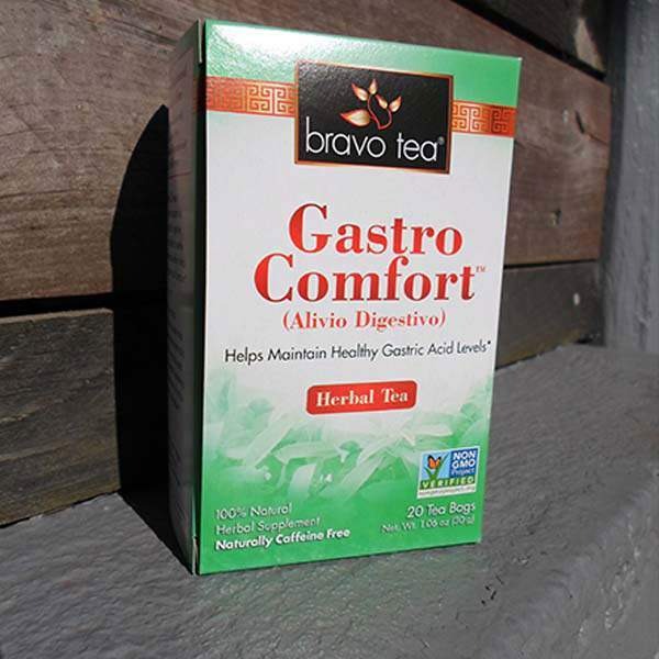 Bravo Tea Gastro Comfort box standing on a weathered wooden ledge