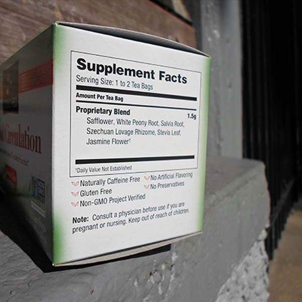 Supplement Facts panel on a Bravo Tea Blood Circulation box: 1.5 g proprietary blend per tea bag of safflower, white peony root, salvia root, Szechuan lovage rhizome, stevia leaf and jasmine flower