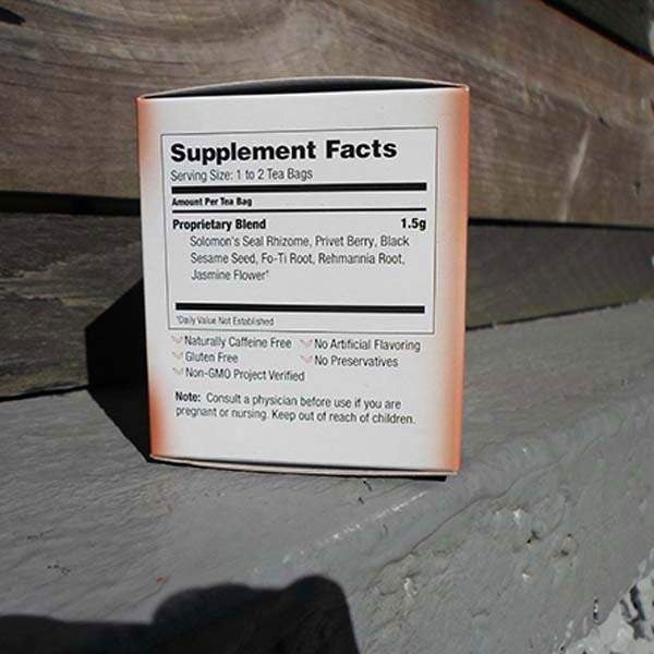 Supplement Facts panel on a Bravo Tea Hair Regrowth box: 1.5 g proprietary blend per tea bag including black sesame seed