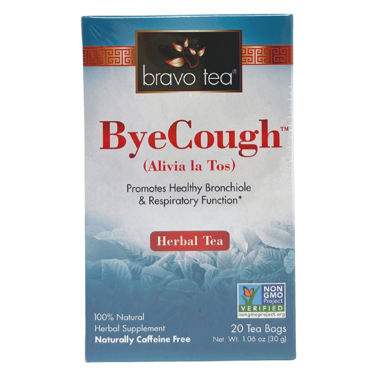 Flat front view of the Bravo Tea ByeCough box, 20 tea bags, net wt. 1.06 oz (30 g)