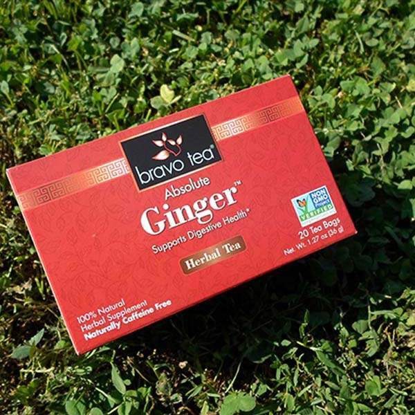 Bravo Tea Absolute Ginger herbal tea box lying on green clover