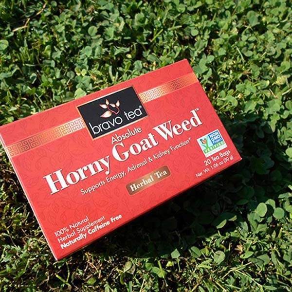 Bravo Tea Absolute Horny Goat Weed box lying on its side on green clover