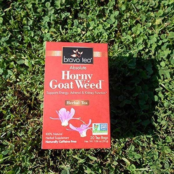Bravo Tea Absolute Horny Goat Weed box standing on green clover in sunlight