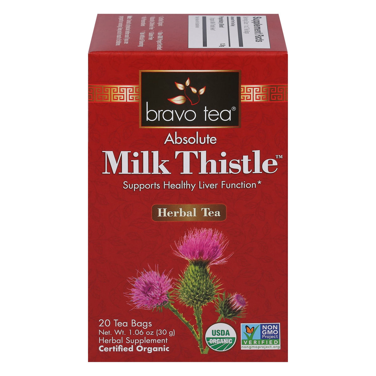Bravo Tea Absolute Milk Thistle carton photographed from the front and top, showing the thistle flowers, 20 Tea Bags, USDA Organic and Non-GMO Project Verified seals