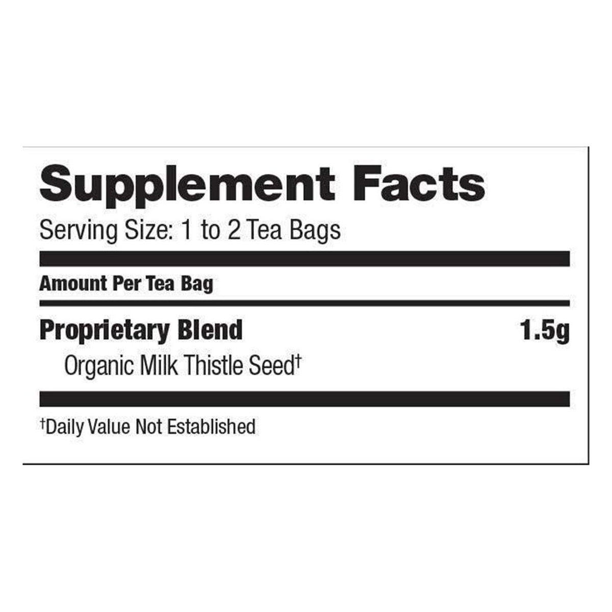 Supplement Facts panel for Bravo Tea Absolute Milk Thistle: serving size 1 to 2 tea bags, 1.5 g organic milk thistle seed per tea bag