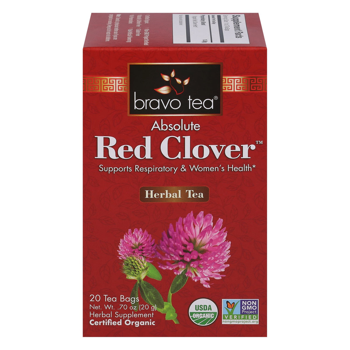 Bravo Tea Absolute Red Clover carton seen from the front and top, pink clover blossoms on a red box with USDA Organic and Non-GMO Project Verified seals
