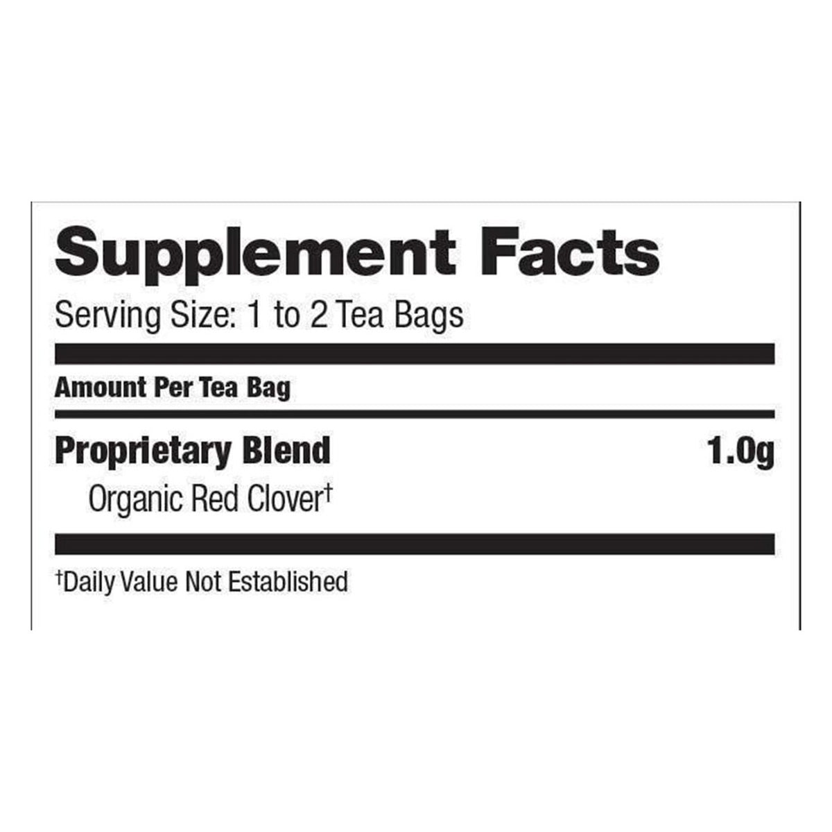 Supplement Facts panel for Bravo Tea Absolute Red Clover: serving size 1 to 2 tea bags, 1.0 g organic red clover per tea bag