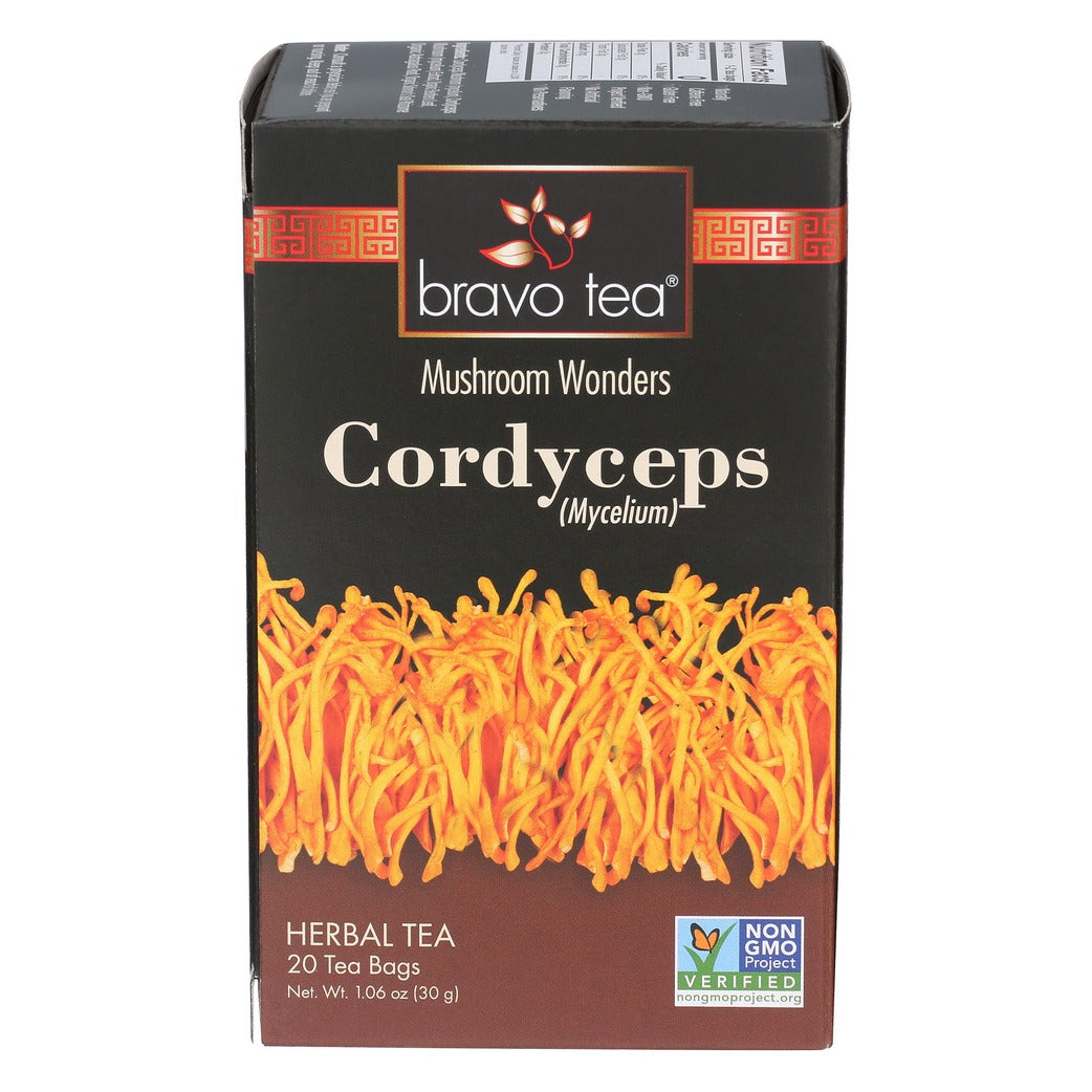 Bravo Tea Mushroom Wonders Cordyceps (Mycelium) herbal tea carton, front and top, 20 tea bags, net wt 1.06 oz