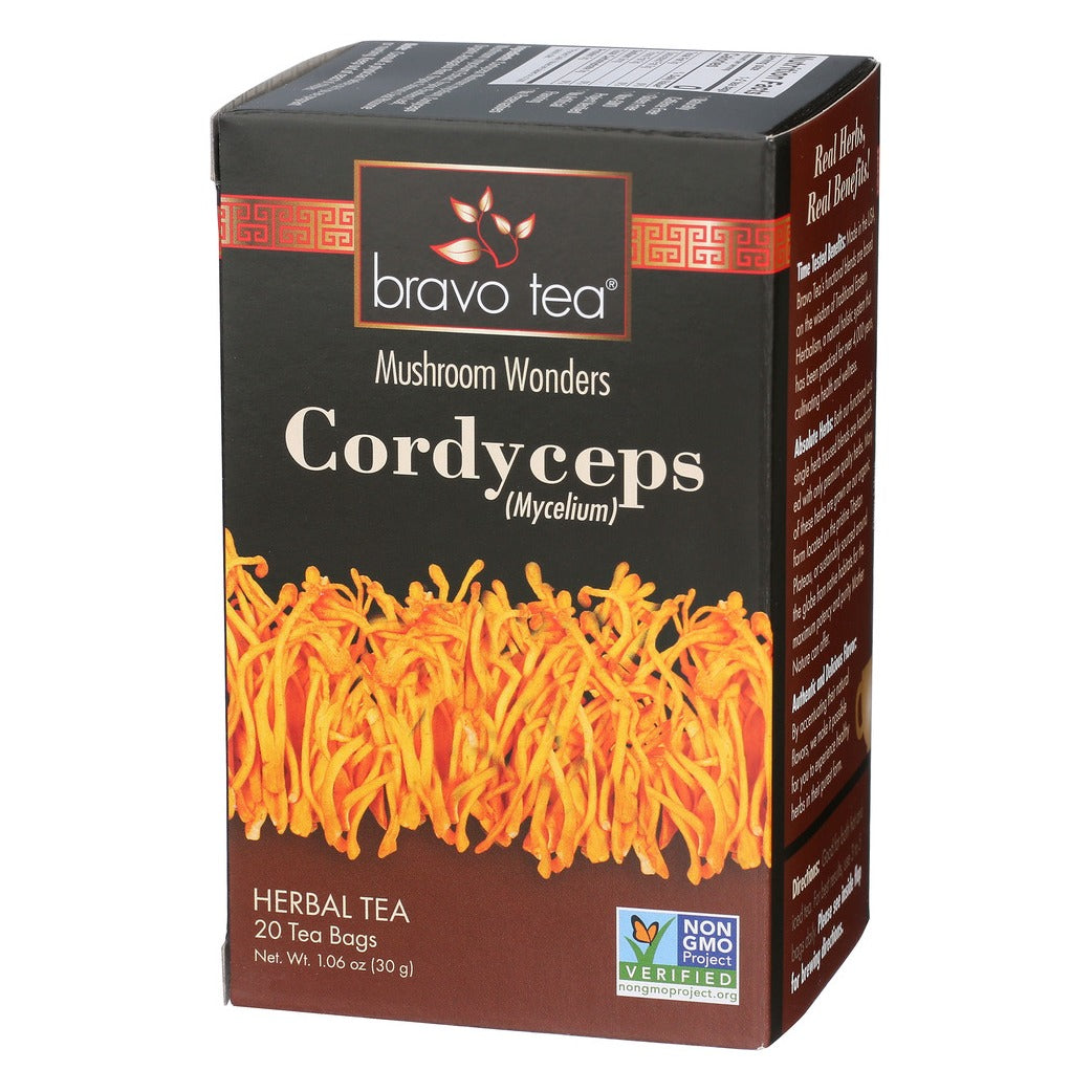 Bravo Tea Cordyceps herbal tea box turned to show the front and right side panel with directions