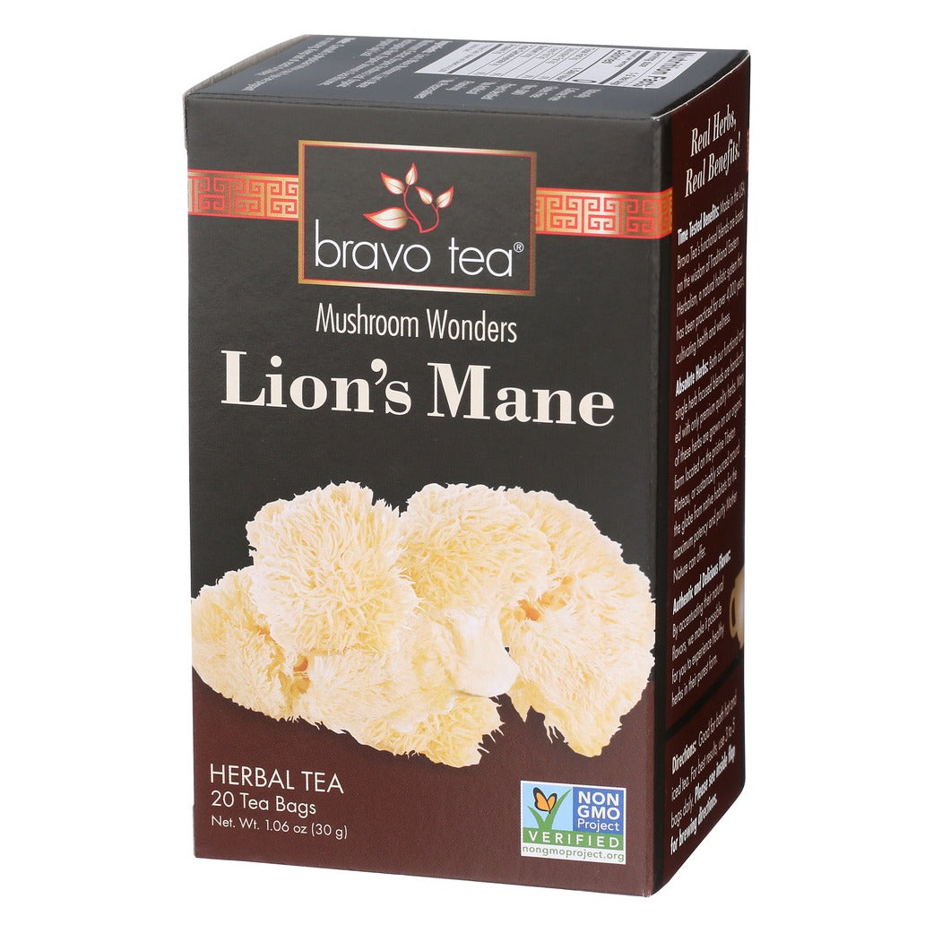 Bravo Tea Lion's Mane herbal tea box angled to show the front and right side panel