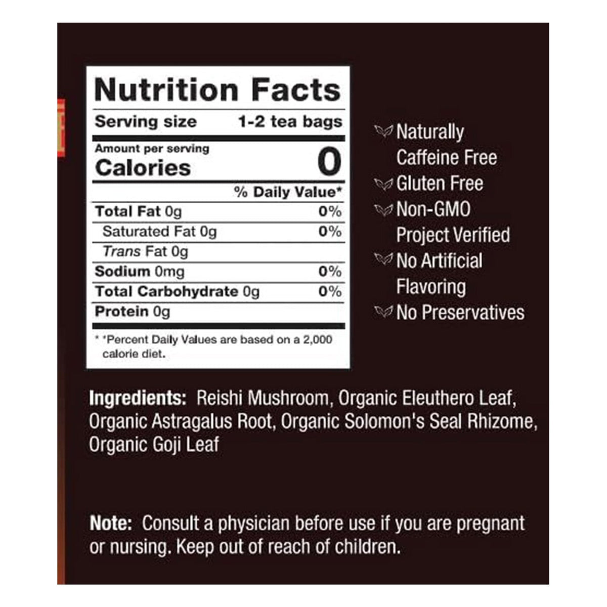 Bravo Tea Reishi carton panel with Nutrition Facts (0 calories per 1-2 tea bags), the ingredient list and the pregnancy and nursing note