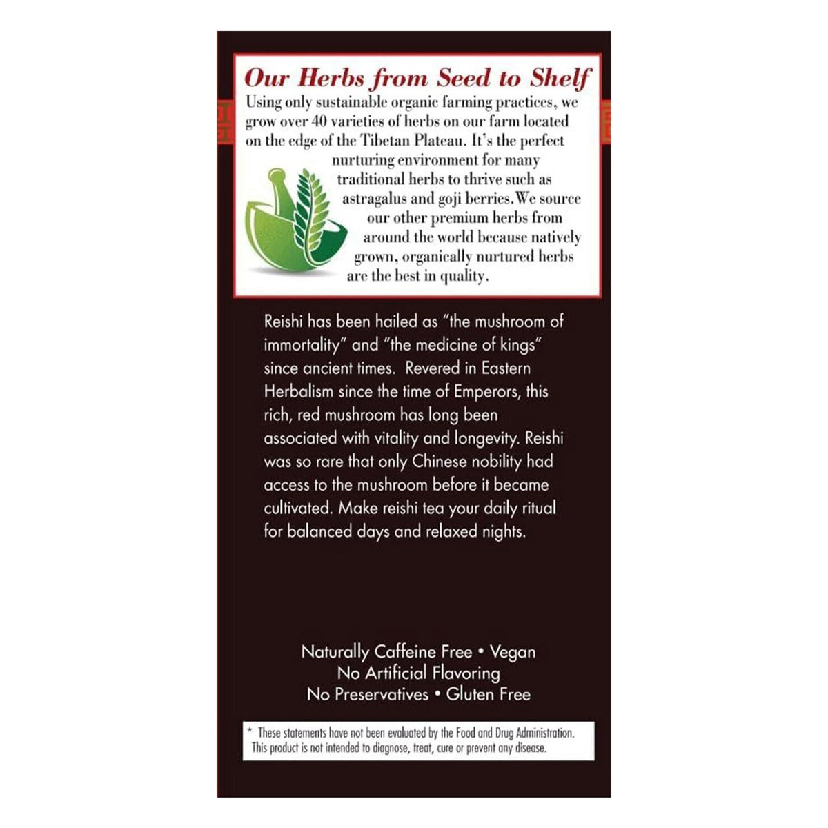 Side panel of the Bravo Tea Reishi carton describing reishi and listing caffeine free, vegan, gluten free, no artificial flavoring and no preservatives