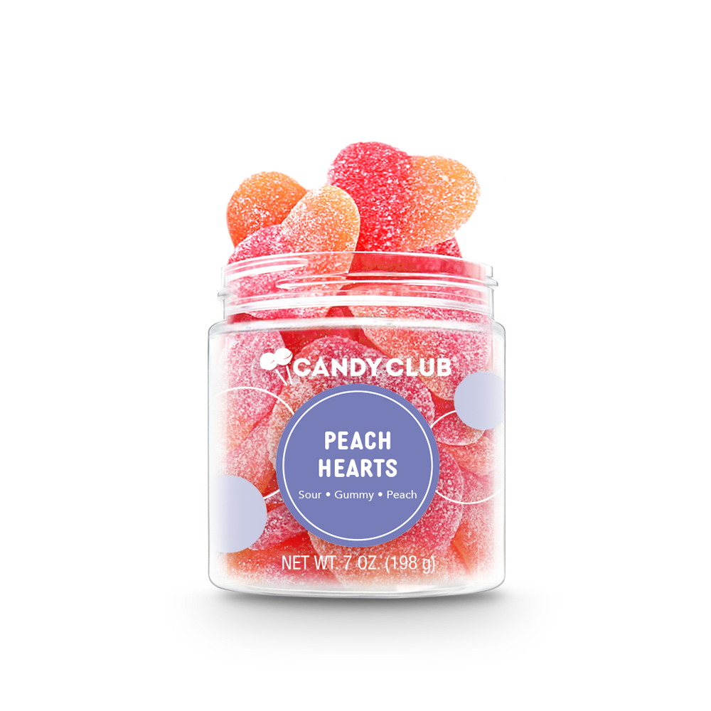 Candy Club Peach Hearts sugar-coated gummy candy in a 6.4 oz cup