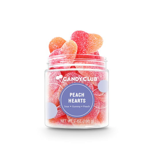 Candy Club Peach Hearts sugar-coated gummy candy in a 6.4 oz cup