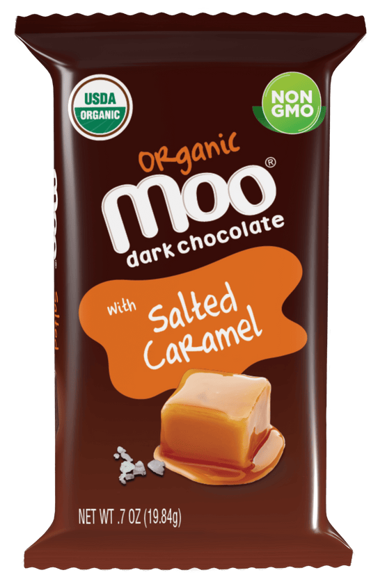 MOO Organic Chocolates Organic Dark Chocolate Salted Caramel Mini Bars, 0.7 oz