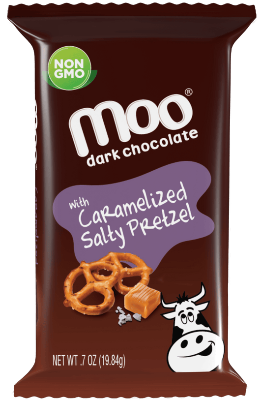 MOO Organic Chocolates Natural Dark Chocolate Caramelized Salty Pretzel Mini Bars, 0.7 oz - C