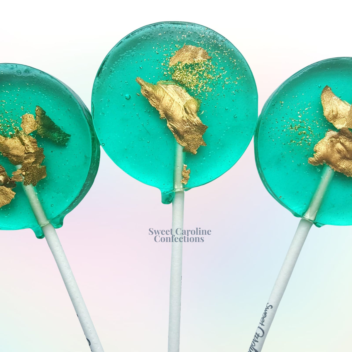 Teal and Gold Sparkle Lollipops, Green Apple, 10/Case -VEGAN 00018