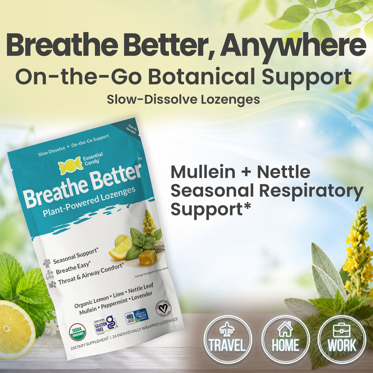 Breathe Better Organic Botanical Lozenges – Seasonal Allergy & Breathing Support – Lemon, Lime, Peppermint, Lavender, Nettle Leaf, Mullein – Gluten-Free, Non-GMO, Vegan* ECSBC002 - 4