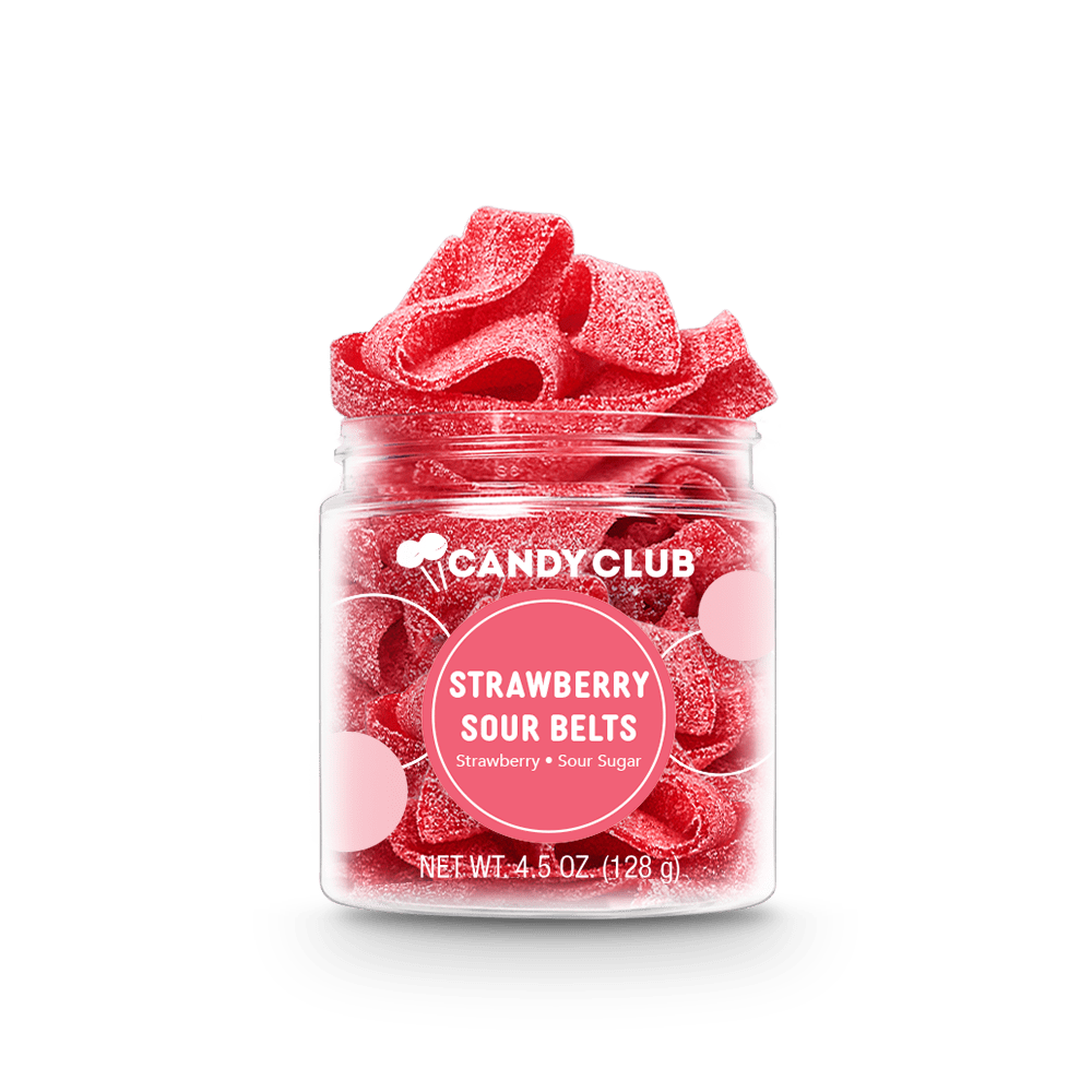 Candy Club Strawberry Sour Belts in a clear resealable 4.5 oz cup