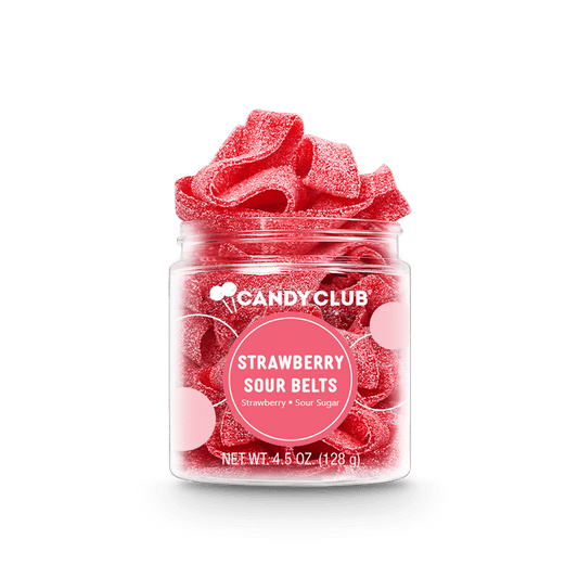 Candy Club Strawberry Sour Belts in a clear resealable 4.5 oz cup
