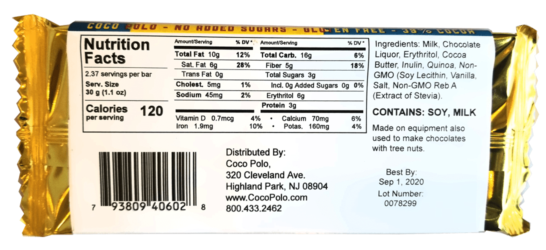 39% Cocoa Milk Chocolate, Stevia Sweetened, No Sugar Added, CRISPY PUFFED QUINOA
