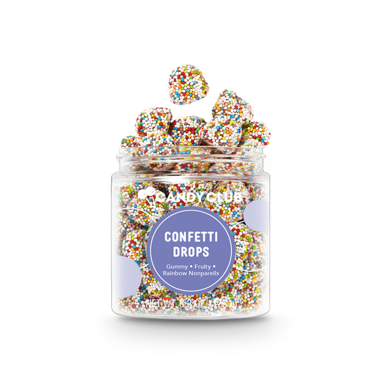 Candy Club Confetti Drops gummy candy coated in rainbow nonpareils in a 6.2 oz cup